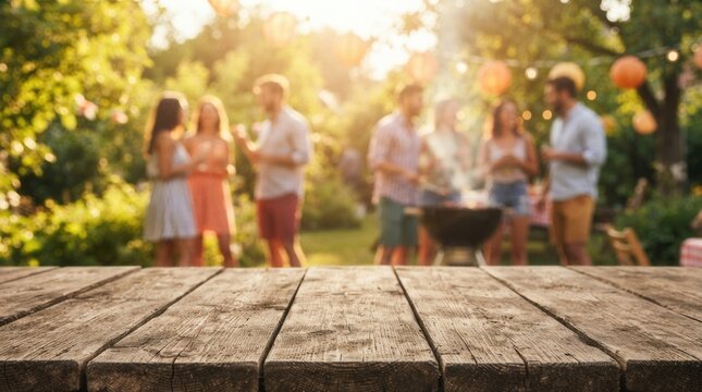 Blurred BBQ party and outdoor summer picnic with a group of people and a grill on a green background behind an empty wooden table.