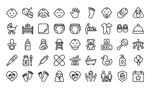 Create a professional Baby Products and Childcare Outline Icon Set containing exactly 60 unique thin line vector icons. Use a modern minimal outline design with editable stroke, 2 px consistent line w