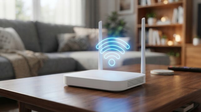 Modern home internet connection device with antennas and blue signal on wooden table.