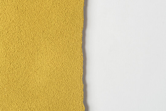 Golden hojicha powder creates textured background with irregular edge and white copy space for tea branding and packaging.