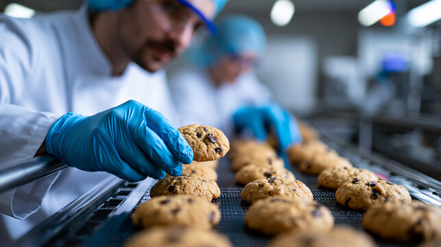 Faceless quality control professionals inspecting freshly baked cookies in a food production facility, quality control, food production, cookie manufacturing, food safety