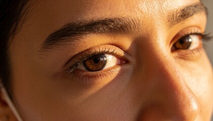 Gazing woman's eyes reflecting warm sunlight at window, showing amber irises and white earbud cord © Future Vision