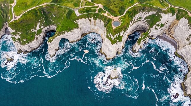 Rugged Coastal Cliffs Meet Turquoise Waters: An aerial perspective reveals dramatic white cliffs carved by the relentless waves of a vibrant turquoise ocean.