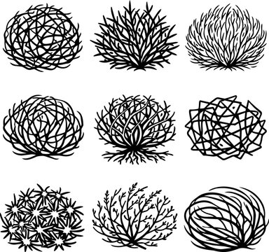 Nine black line silhouettes of tumbleweeds and dry desert shrubs