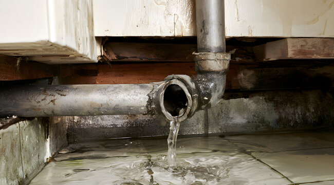 There's water damage under the bathroom counter due to a leaky sink drain pipe