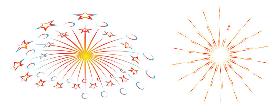  colorful fireworks explosions. Red, pink and blue firecrackers. Holiday decoration for Christmas and New year party. Festive background for birthday invitations, wedding, Diwali banners.