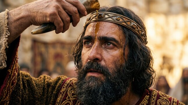 Anointing of the first biblical king with oil from a horn. King Saul old testament coronation concept