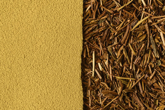 Golden hojicha powder meets loose roasted tea leaves in rustic horizontal background for tea branding, menus and packaging.
