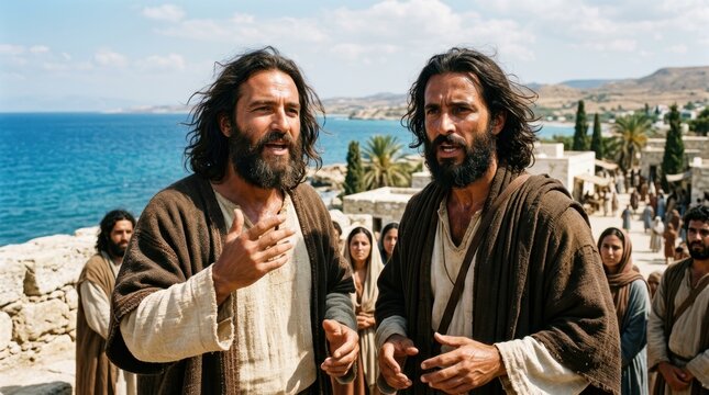Paul and Barnabas preaching in Cyprus. Biblical missionary journey to the Mediterranean. Two men talking in an ancient coastal town