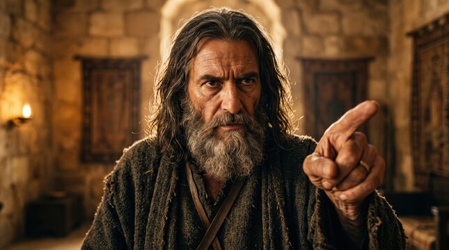 Biblical prophet pointing finger in accusation. Nathan confronting King David old testament concept