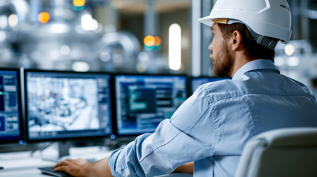 Faceless factory supervisor monitoring the production process on multiple computer screens in a control room, control room supervision, production monitoring, factory management,