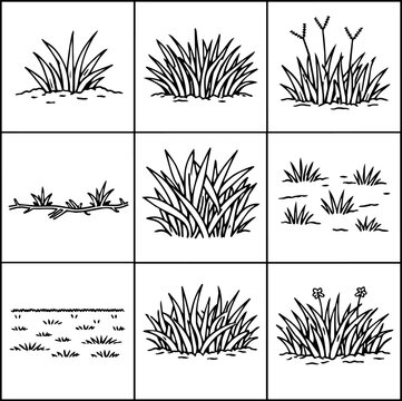 Nine black outline illustrations of grass tufts, meadow plants and flowering weeds