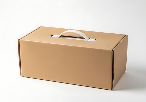 Brown cardboard box with a white plastic handle for carrying items and shipping products