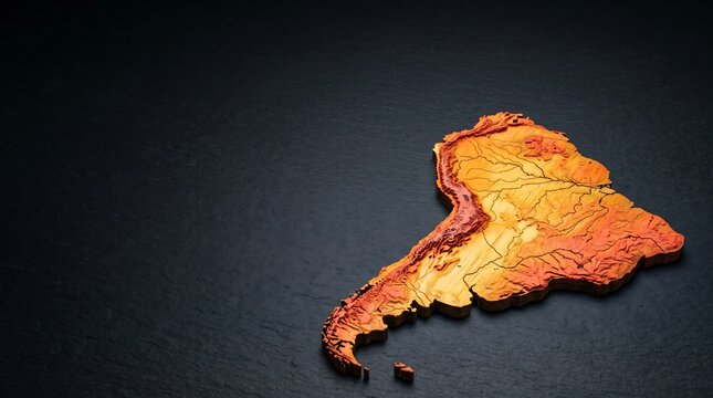 Topographic South America Map Model on Black Background