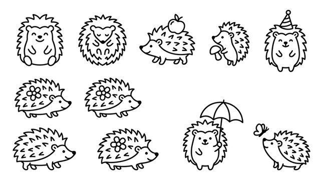 Cute hand drawn hedgehog doodle icons, minimalist black outline hedgehogs for kids, vector set