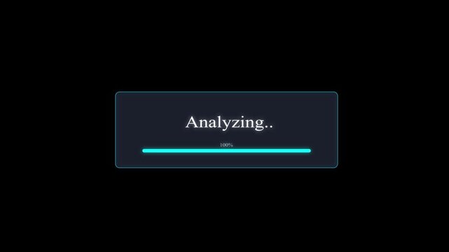 Analyzing status bar indicates a computer system is currently processing information on a black background.