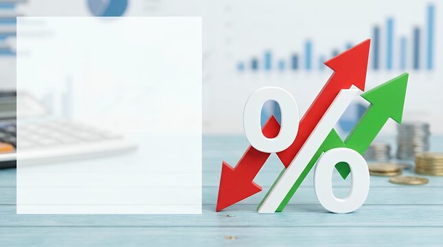 A financial concept featuring a percentage sign with arrows pointing both up and down symbolizing changes in interest rates finance and business economics percentage percent sign symbol interest rate
