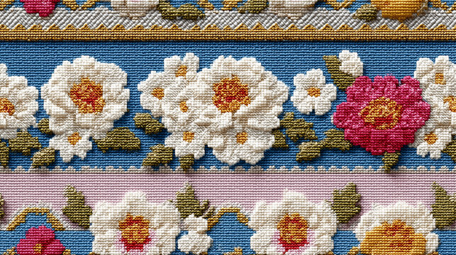 Traditional floral cross-stitch pattern featuring symmetrical frangipani blossoms