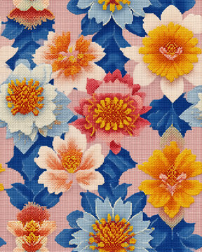 Traditional floral cross-stitch pattern featuring symmetrical frangipani blossoms