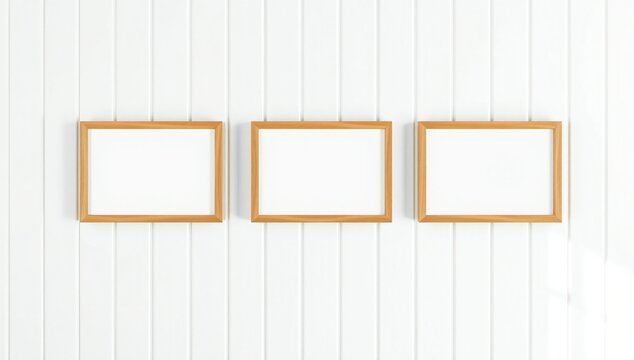 Three empty golden picture frames on white wooden wall. Minimalist mockup template for art gallery display or interior design showcase.