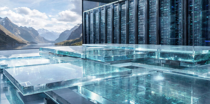 Advanced server farm data center with stacks of glowing blue glass server blocks overlooking a mountain lake server rack computing power data storage technology computing infrastructure