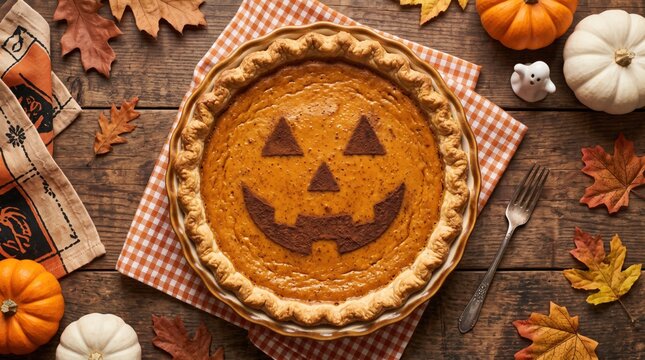 Halloween pumpkin pie with spooky face design on rustic table surrounded by autumn leaves and pumpkins for festive holiday decoration