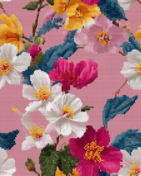 Traditional floral cross-stitch pattern featuring symmetrical frangipani blossoms