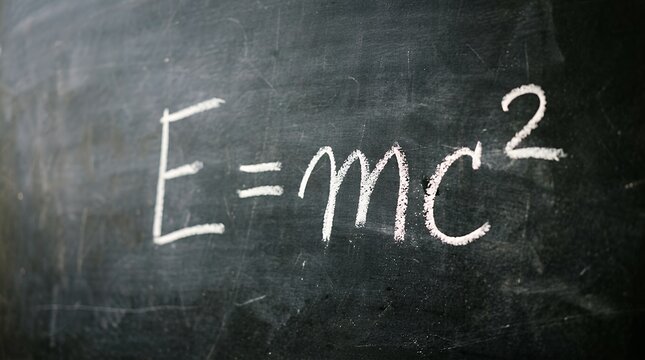 A scientific formula visualization showing horizontal rough textured scratched scuffed messy dark black background with hand written text equation physics formula in chalk for E=mc2 energy mass