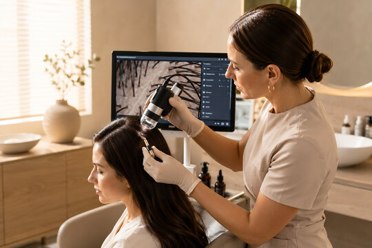 Trichologist Examining Scalp with Digital Microscope During Hair and Scalp Analysis