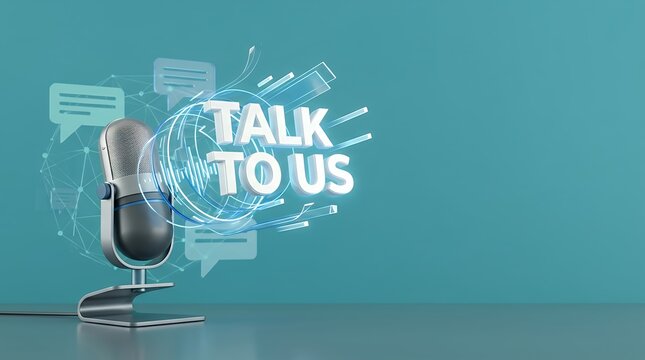 A communication visualization showing microphone with Talk To Us words on colored background in 3D rendering for news and media concepts 3D render microphone with talk to us words colored background
