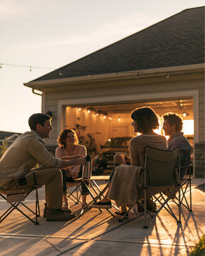 Neighbours sharing a thermos in folding chairs on the driveway at dusk