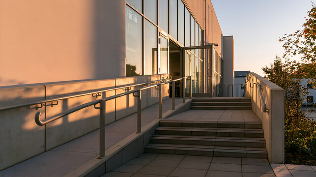 Gently sloping accessible ramp and handrail at a building entrance