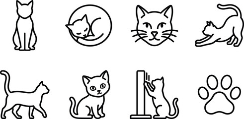 Fototapeta premium Cute Cat and Pet Care Line Icon Set Vector with Sleeping Stretching Scratching and Paw Elements