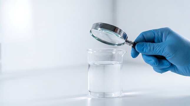 Scientist Examining Liquid in Beaker with Magnifying Glass