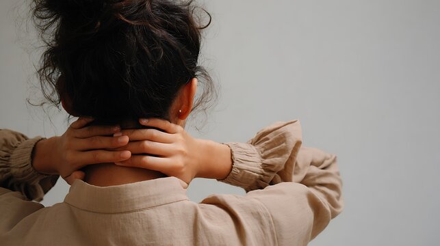 Woman touching her neck and feeling pain while standing against a gray wall