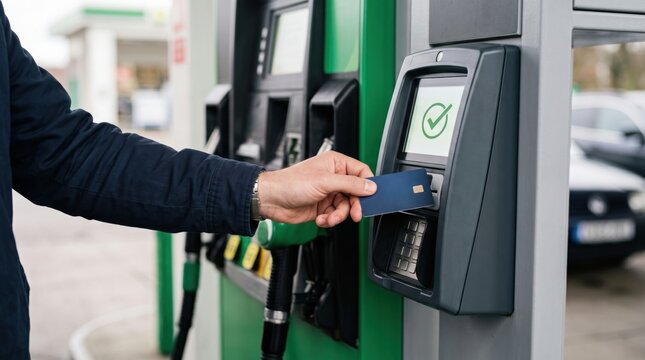 Person using credit card to pay for fuel at gas station pump highlighting modern cashless transactions