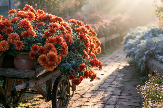 Autumn chrysanthemums heaped on a garden cart in a misty glasshouse