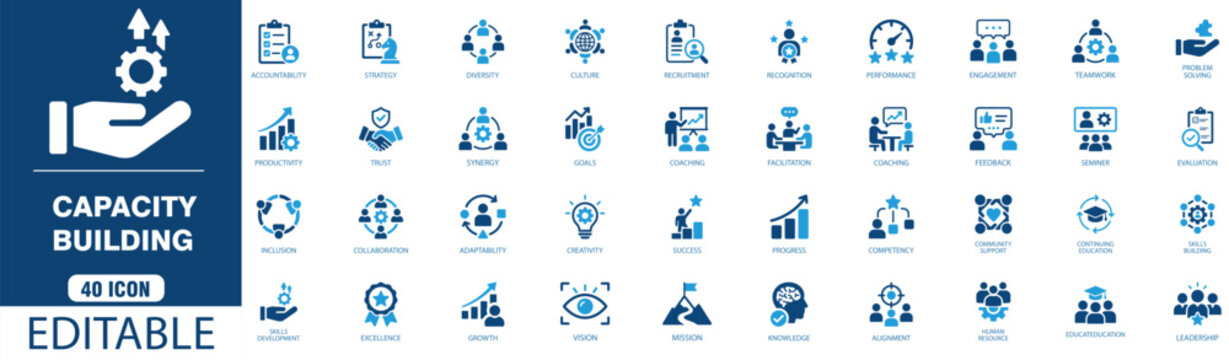 Set of 40 capacity building icons, business development, professional growth, corporate training, human resources, leadership and management concepts, editable vector illustration