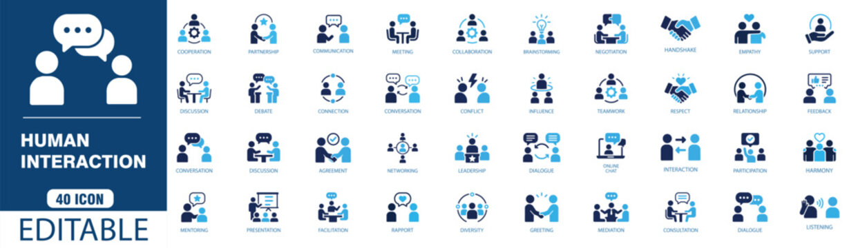 Set of 40 human interaction icons, business communication, teamwork, social relationship, meeting, networking, leadership, dialogue, discussion, partnership, cooperation, editable vector illustration