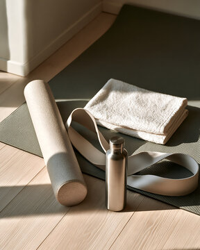 Foam roller and resistance band laid out on a mat by the window