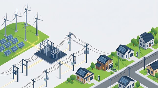 Isometric Illustration of Electrical Infrastructure Supplying Residential Area With Renewable Energy energy power electricity grid network transmission distribution supply system infrastructure