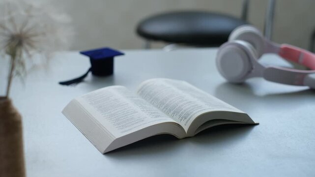 Learning and studying Bible at a desk with a book, headphones, and graduation cap
