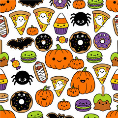 Obraz premium Cute Kawaii Pumpkin and Ghost Food Halloween Seamless Pattern