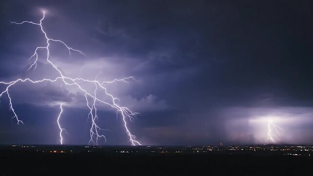 Espectacular tormenta el&eacute;ctrica con m&uacute;ltiples rayos iluminando el cielo en una secuencia time-lapse. V&iacute;deo ideal para proyectos sobre meteorolog&iacute;a, clima y fen&oacute;menos naturales.