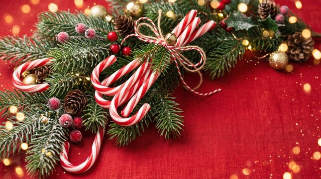 Festive red christmas background with candy canes and pine branches for seasonal holiday decoration and design