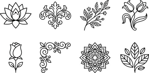 Elegant Floral and Botanical Line Icon Set Vector with Lotus Rose Tulip Fleur De Lis and Mandala Symbols © Morjina
