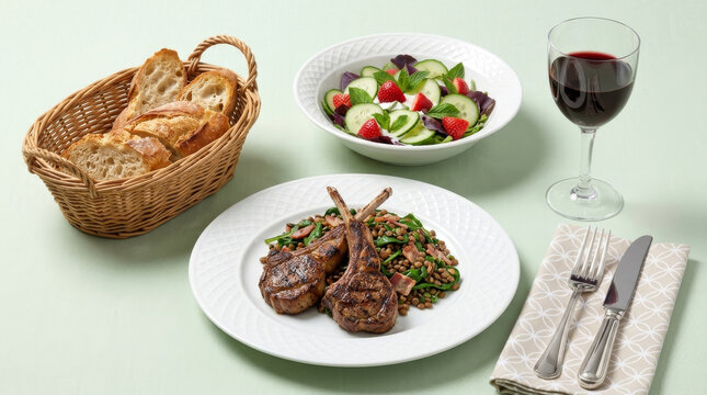 Grilled lamb chops with lentils, bacon, and spinach, accompanied by a cucumber, strawberry, and mint salad with yogurt dressing.