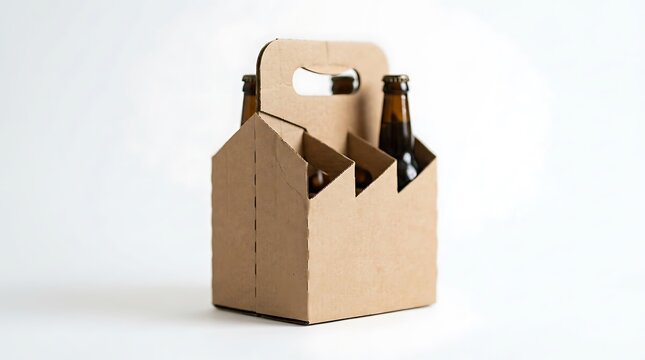 Six Pack Carrier Holding Brown Glass Beer Bottles Against White Background