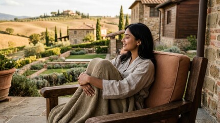 Obraz premium Woman enjoying a peaceful morning on a Tuscan villa terrace with rolling hills