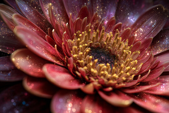 floral closeup of red flower with golden stamens, burgundy petals, cosmic glitter, macro, photorealistic